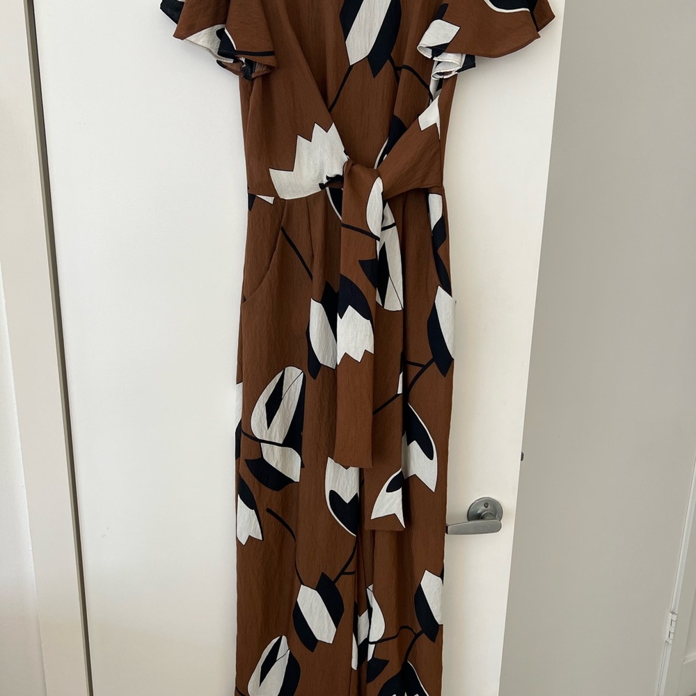 Eva Franco Brown Floral Print Wrap Romper with White & Black Accents